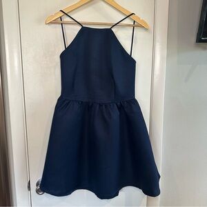 Tobi High-Neck Navy Skater Mini Dress. Medium.